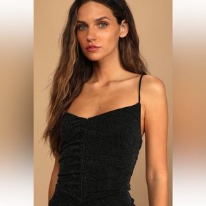 NWT Lulus Talk of the Party Black Sparkly Ruched Bodycon Mini Dress